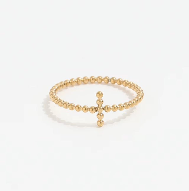 High End Pvd Gold Plated Tiny Dainty Cross Bead Stainless Steel Rings for Women Trendy Jewelry Wholesale