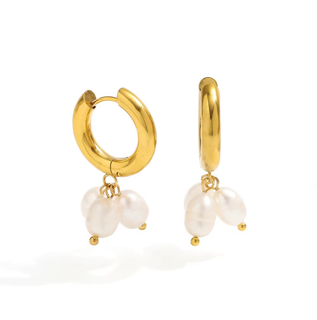 18K Pvd Gold Plated High Quality Non Tarnish & Waterproof 3 Pearl Cluster Stainless Steel Hoop Earring for Women