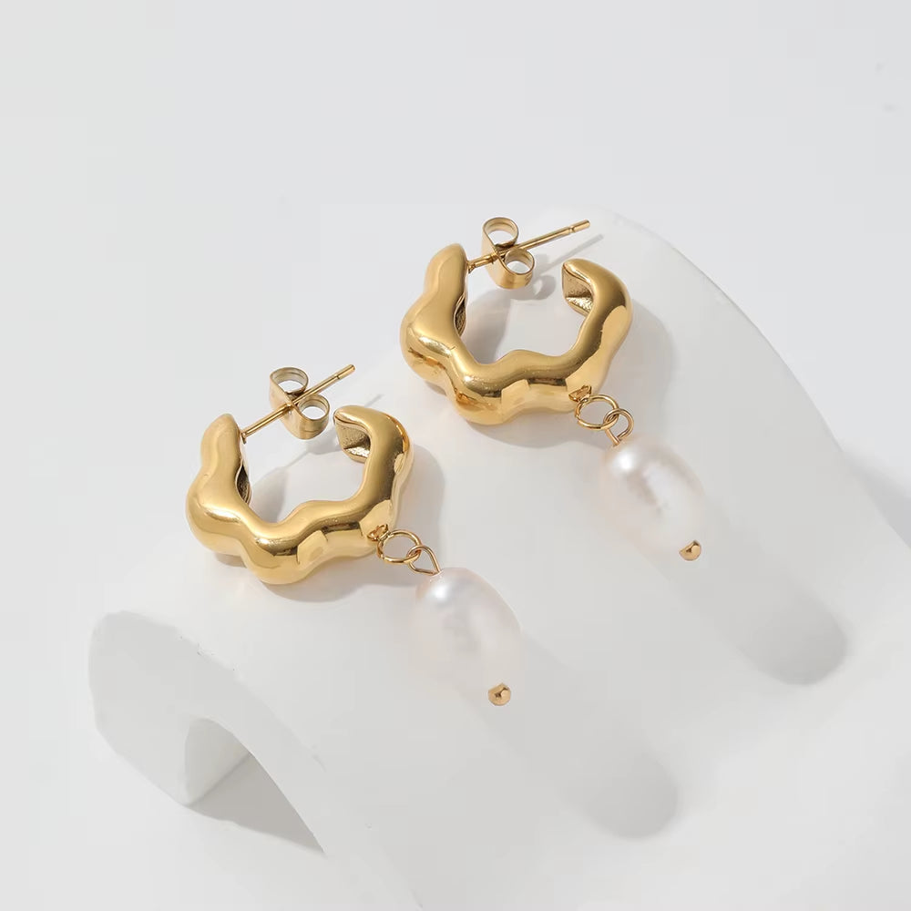 JOOLIM Jewelry PVD 18K Gold Plated Tarnish Free Flower Shape Freshwater Natural Pearl Drop Earring Stainless Steel Jewelry