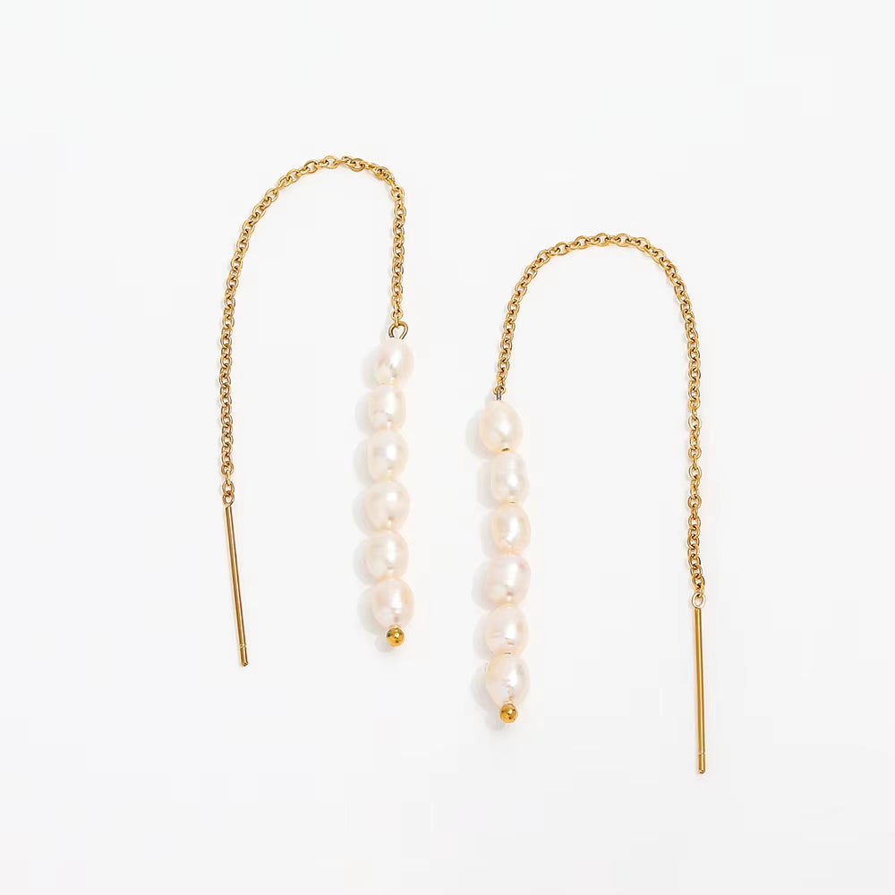 New Trendy Earring 18K Gold Plated Pearl Chain Tassel Drop Earrings for Women Stainless Steel Wholesale Piercing Jewelry