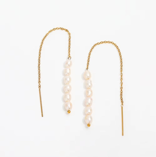 New Trendy Earring 18K Gold Plated Pearl Chain Tassel Drop Earrings for Women Stainless Steel Wholesale Piercing Jewelry