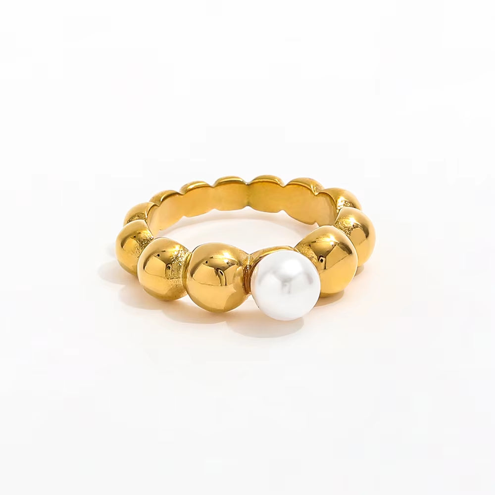 High End 18K Gold Plated One Pearl Bead Gradient Bubble Rings Stainless Steel Jewelry Trendy Finger Ring