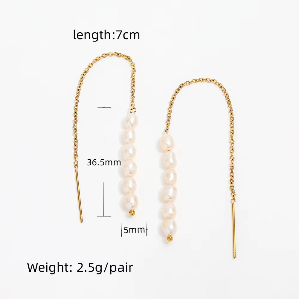 New Trendy Earring 18K Gold Plated Pearl Chain Tassel Drop Earrings for Women Stainless Steel Wholesale Piercing Jewelry