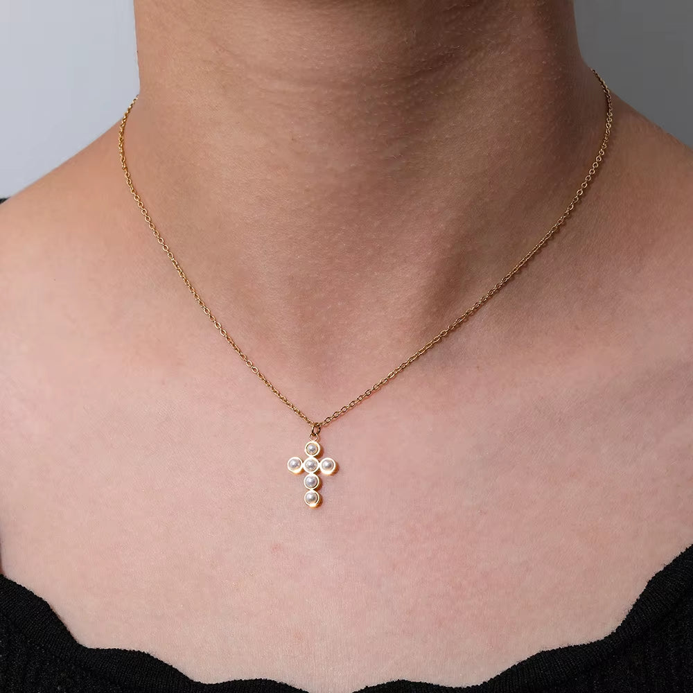 Joolim Jewelry 18K Gold Plated Imitation Pearl Cross Pendant Choker Necklace Sweater Necklace Stainless Steel Jewelry Wholesale