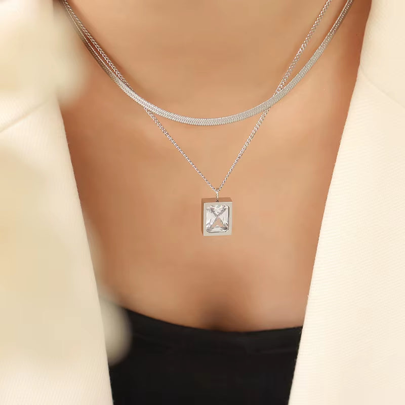 18K Gold Plated Double-Layer Herringbone Chain Square Zirconia Pendant Stainless Steel Choker Necklace Design Jewelry Wholesale