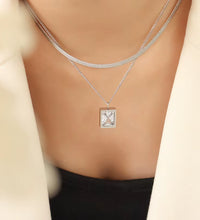 18K Gold Plated Double-Layer Herringbone Chain Square Zirconia Pendant Stainless Steel Choker Necklace Design Jewelry Wholesale