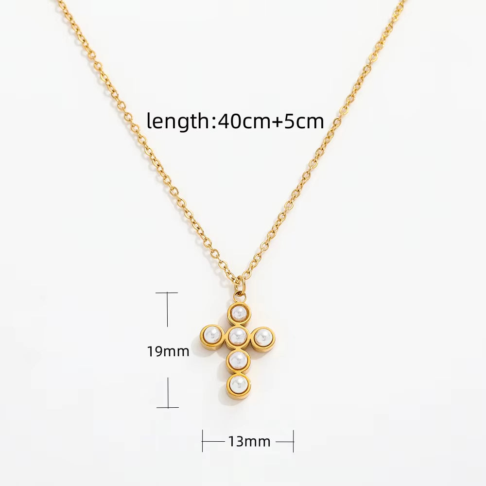 Joolim Jewelry 18K Gold Plated Imitation Pearl Cross Pendant Choker Necklace Sweater Necklace Stainless Steel Jewelry Wholesale