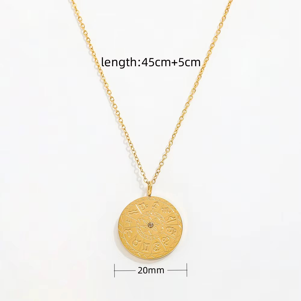 Joolim Jewelry 18K Gold Plated Vintage 12 Zodiac Coin Pendant Necklace Jewelry Wholesale Stainless Steel Necklaces