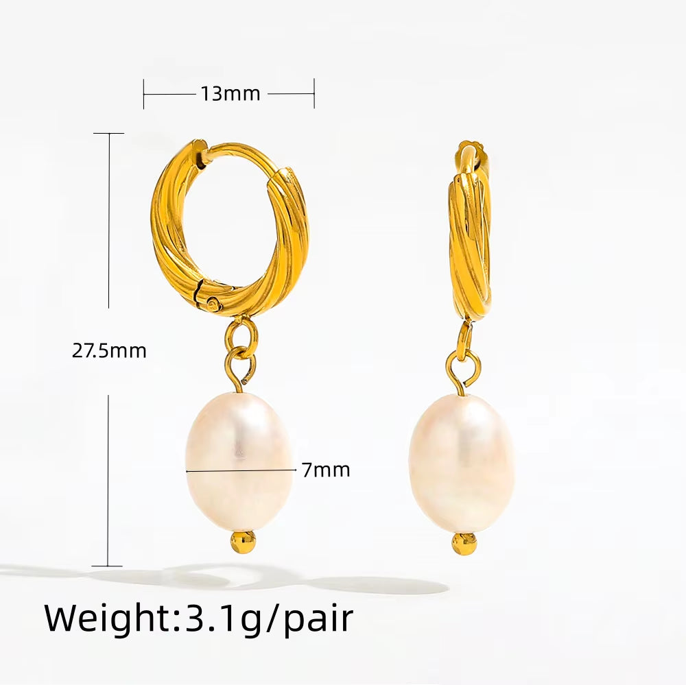 Trendy Earring 18K Gold Plated Imitation Pearl Dangle Twist Huggie Hoop Earring Stainless Steel Jewelry Wholesale