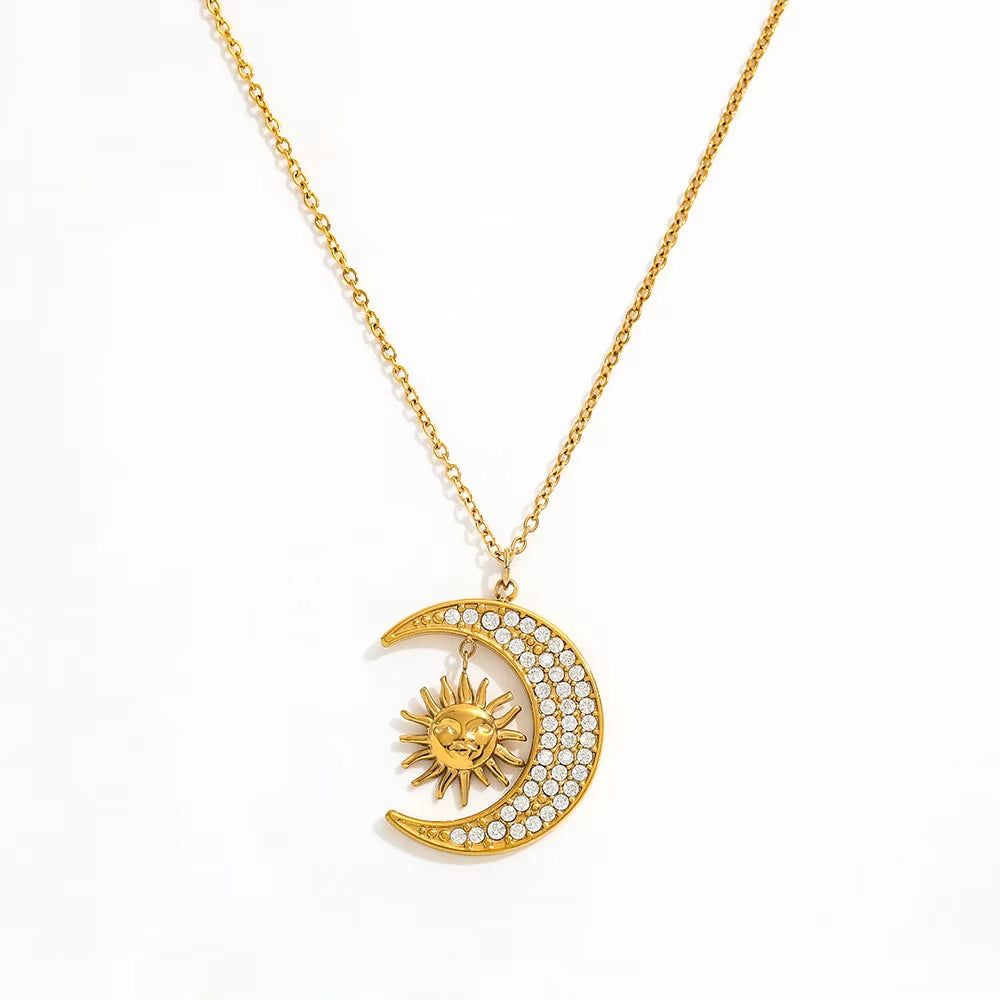 Joolim Jewelry Dainty 18K Gold Plated Moon Star Sun Burst CNC Zircon Pave Pendant Necklace Trendy Jewelry Tarnish Free