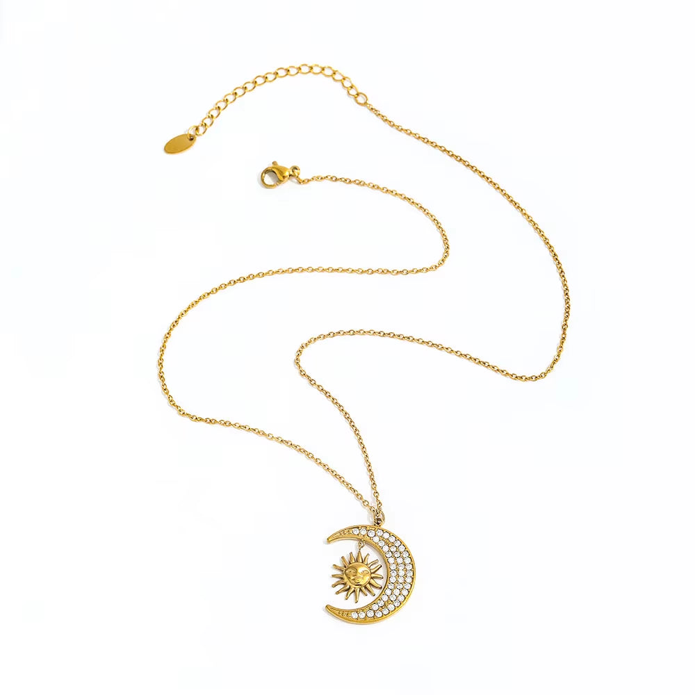 Joolim Jewelry Dainty 18K Gold Plated Moon Star Sun Burst CNC Zircon Pave Pendant Necklace Trendy Jewelry Tarnish Free