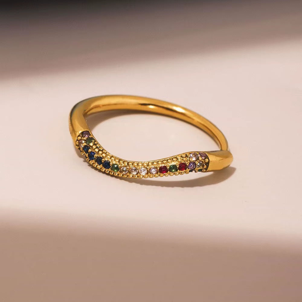 High End 18K Plain Gold Colorful Row Micro Half Pave Zircon Waved Ring Stainless Steel Trendy Simple Gold Plated Jewelry Gift