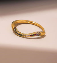 High End 18K Plain Gold Colorful Row Micro Half Pave Zircon Waved Ring Stainless Steel Trendy Simple Gold Plated Jewelry Gift