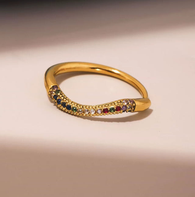High End 18K Plain Gold Colorful Row Micro Half Pave Zircon Waved Ring Stainless Steel Trendy Simple Gold Plated Jewelry Gift