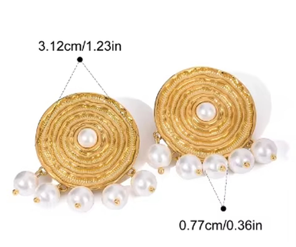 18K Gold Stainless Steel Faux Pearl round Textured Design Hoop Earrings Inspired by Classic Elegance