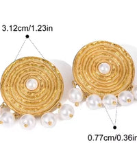 18K Gold Stainless Steel Faux Pearl round Textured Design Hoop Earrings Inspired by Classic Elegance