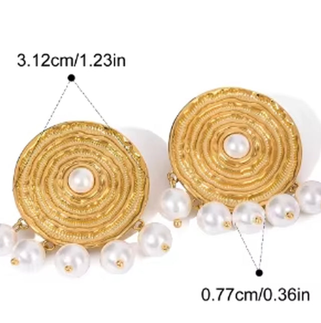 18K Gold Stainless Steel Faux Pearl round Textured Design Hoop Earrings Inspired by Classic Elegance