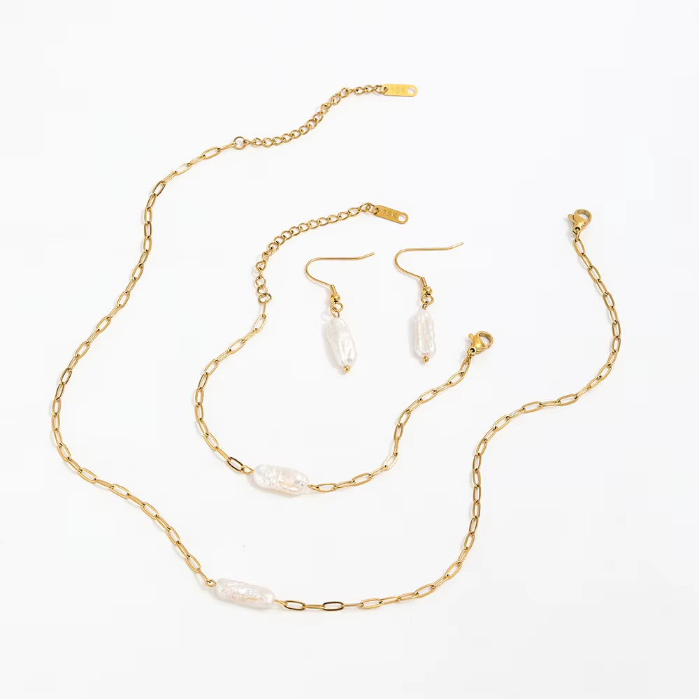 Joolim 18K Gold Plated Irregular Real Natural Freshwater Pearl Stainless Steel Paper Pin Necklace Bracelet Earring Jewelry Set