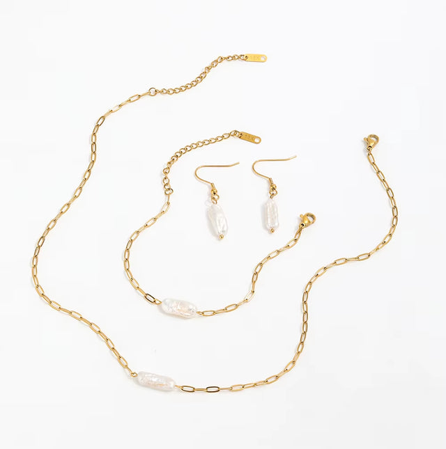 Joolim 18K Gold Plated Irregular Real Natural Freshwater Pearl Stainless Steel Paper Pin Necklace Bracelet Earring Jewelry Set