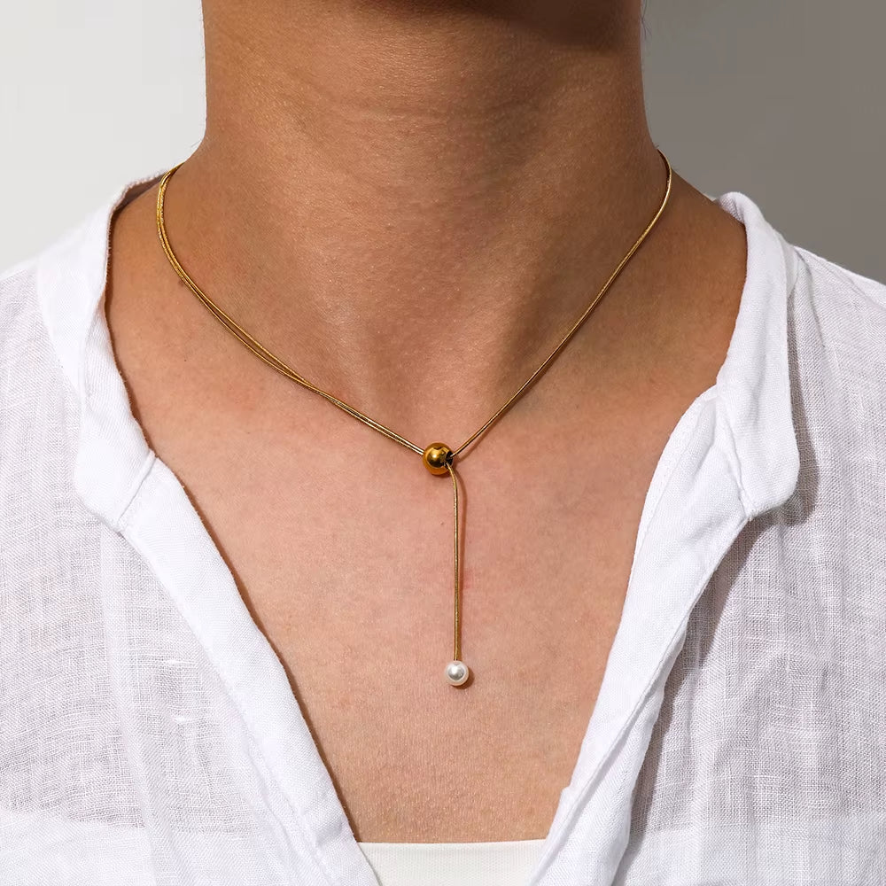 Joolim Snake Chain Pull-Out Type Adjustable Pearl Pendant Necklace Stainless Steel Lariat Necklace Jewelry Wholesale Drop Shippi