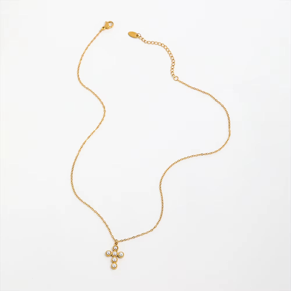 Joolim Jewelry 18K Gold Plated Imitation Pearl Cross Pendant Choker Necklace Sweater Necklace Stainless Steel Jewelry Wholesale