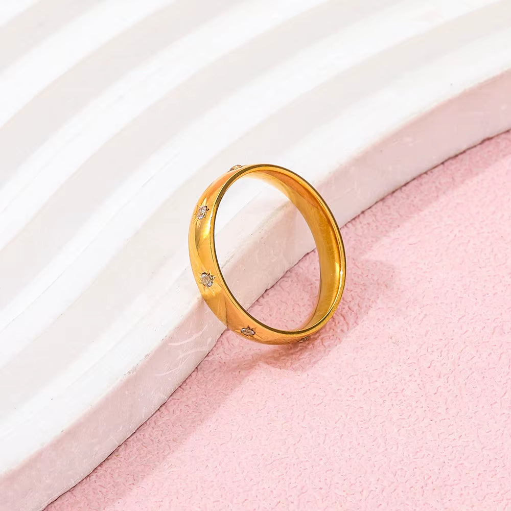 High End 18K Plain Gold Star Zircon Surround Dainty Ring Stainless Steel Trendy Simple Gold Plated Jewelry