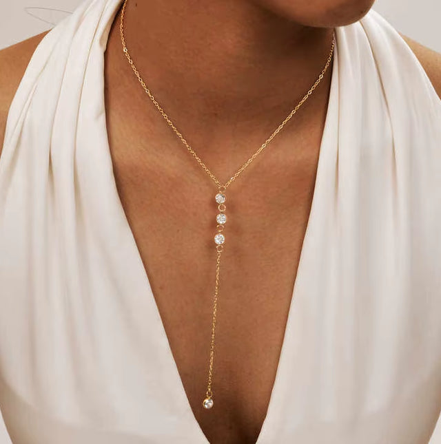 Joolim Jewelry Dainty 18K Gold Plated Stainless Steel Necklace Adjustable Cross Link Chain Y Tassel Zircon Vintage for Gift