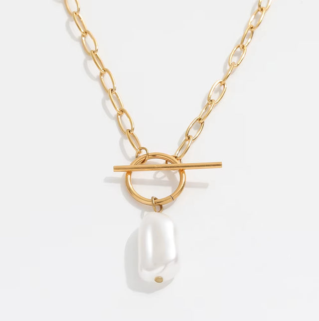 Joolim Jewelry 18K Gold Plated Shell Baroque Pearl Pendant Toggle Clavicle Necklace Stainless Steel Jewelry