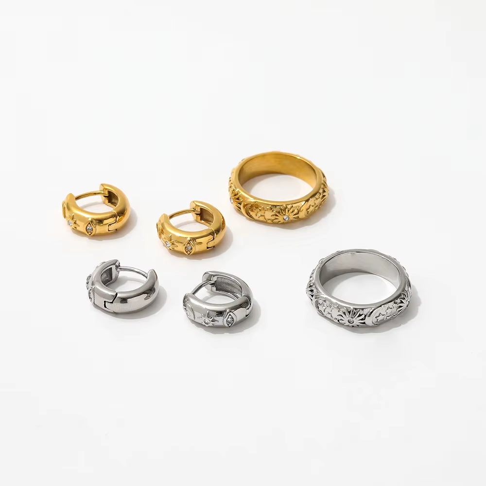 Joolim JLR0131 High-End 18K Gold Plated Cubic Zirconia Stainless Steel Rings Antique Vintage Retro Style Moon Star Trendy