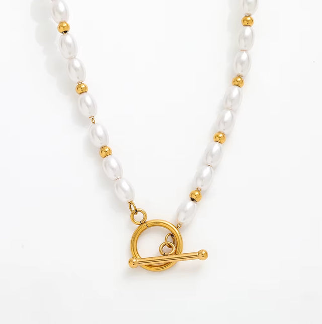 Joolim 18K Gold Plated Stainless Steel Pearl String Toggle Necklace Jewelry Wholesale Tarnish Free & Waterproof