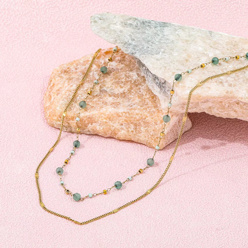 JOOLIM High End Stainless Steel Green Natrual Stone Double Layer Necklace 18K Gold Plated Jewelry Wholesale