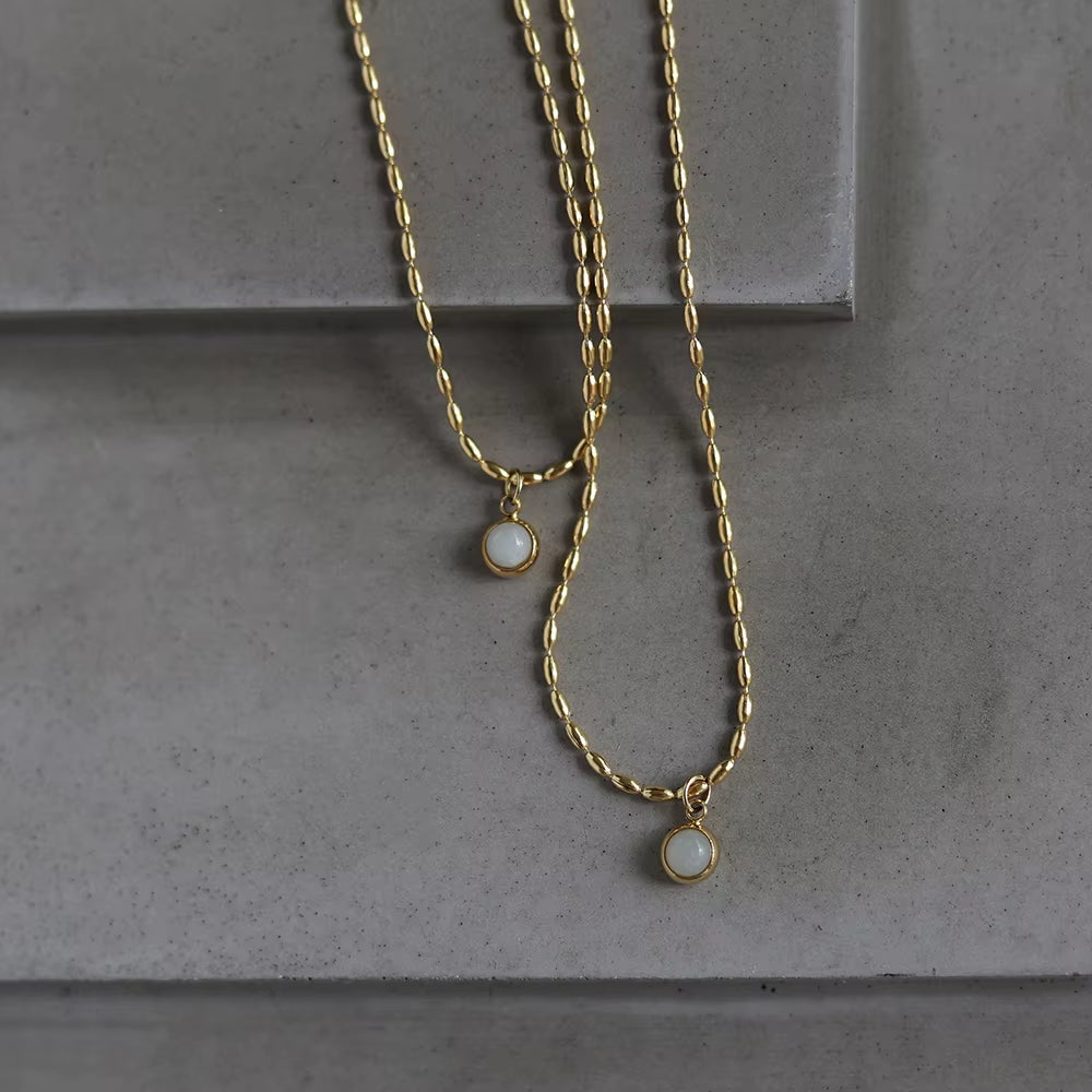 Joolim 18K Gold Plated Mung Bean round Natrual Stone Pendant Bead String Necklace Stainless Steel Tarnish Free Summer Jewelry