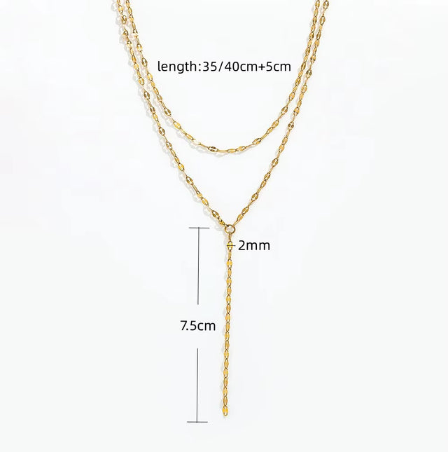 Joolim Jewelry Cross Link Chain Double Layer Y Tassel Necklace 18K Gold Plated Stainless Steel Adjustable Trendy Zirconia