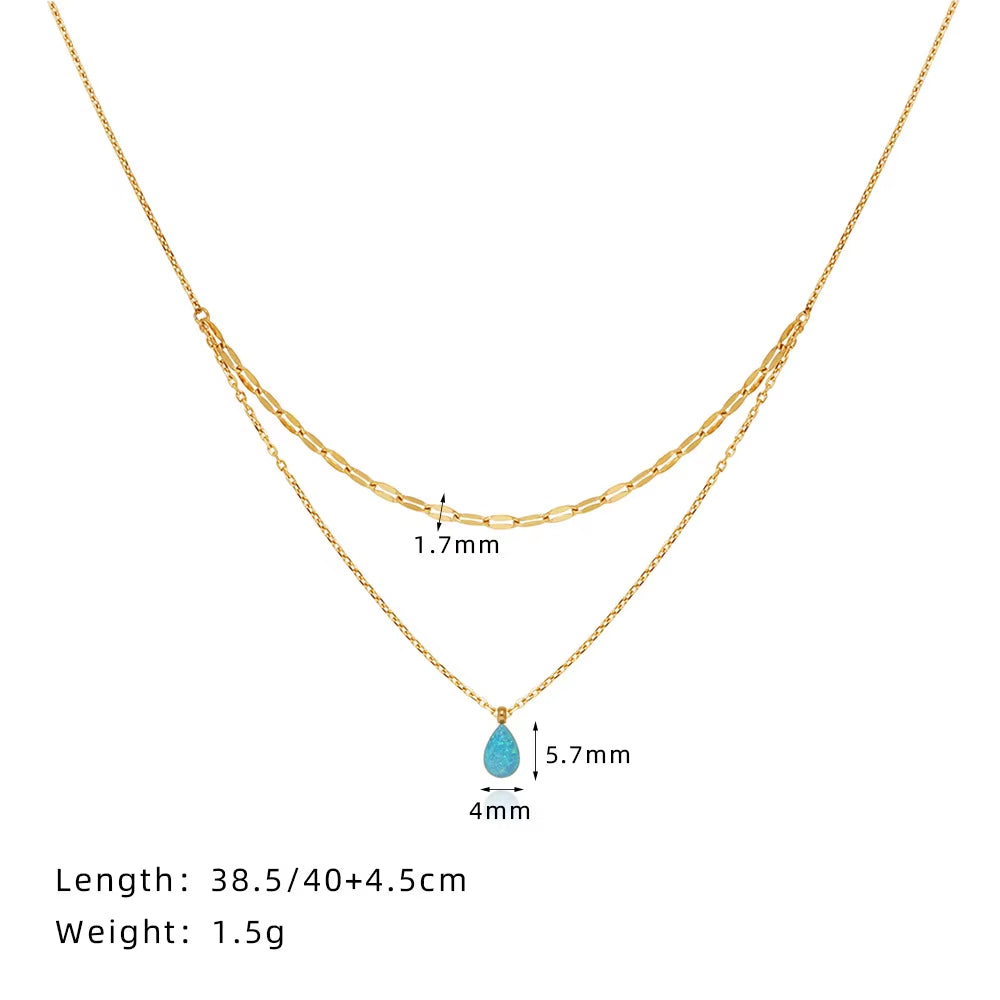 Joolim Jewelry 18K Gold Plated Blue Teardrop Artificial Stone Pendant Double-Layer Necklace Trendy Stainless Steel Jewelry