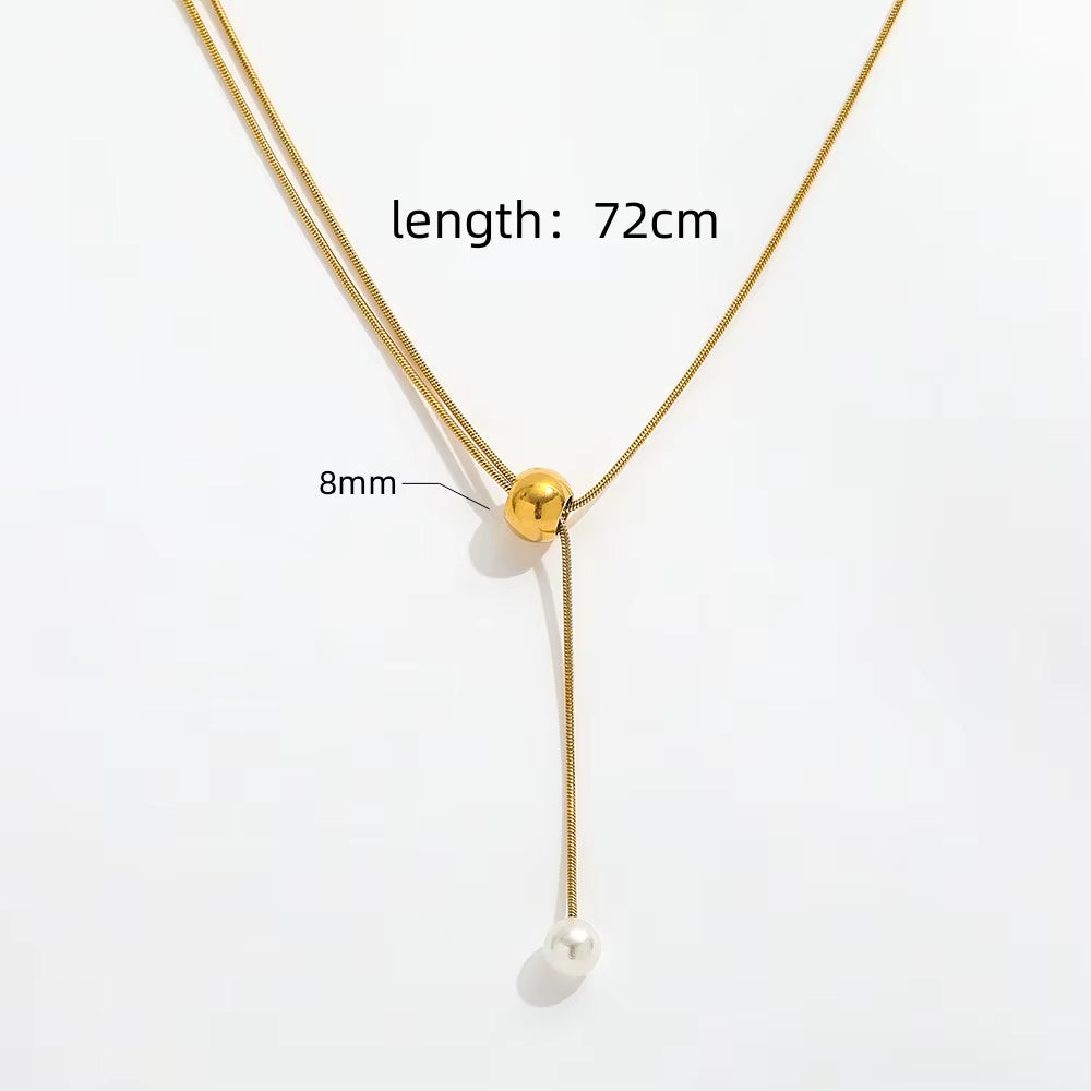 Joolim Snake Chain Pull-Out Type Adjustable Pearl Pendant Necklace Stainless Steel Lariat Necklace Jewelry Wholesale Drop Shippi