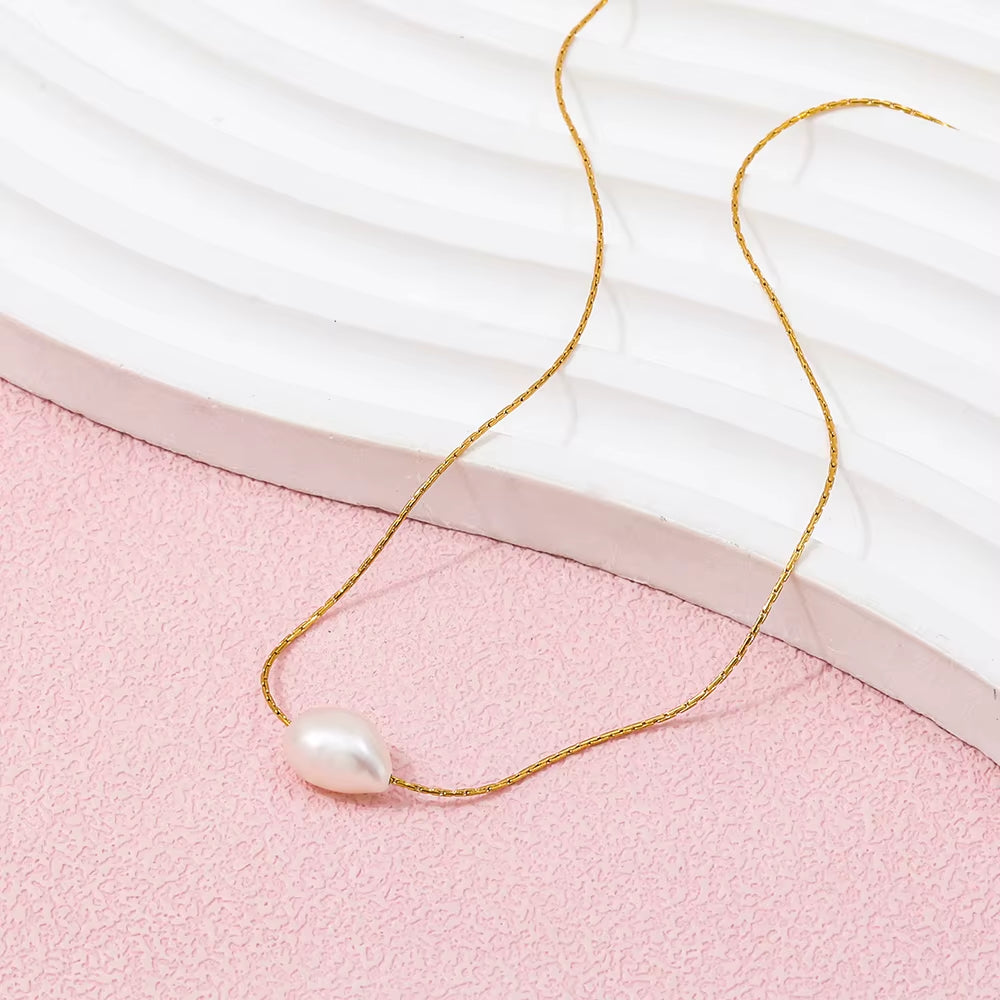 Joolim Jewelry 18K Gold Plated Fresh Water Pearl Dainty Chain Necklace Stainless Steel Fashion Jewelry Wholesale