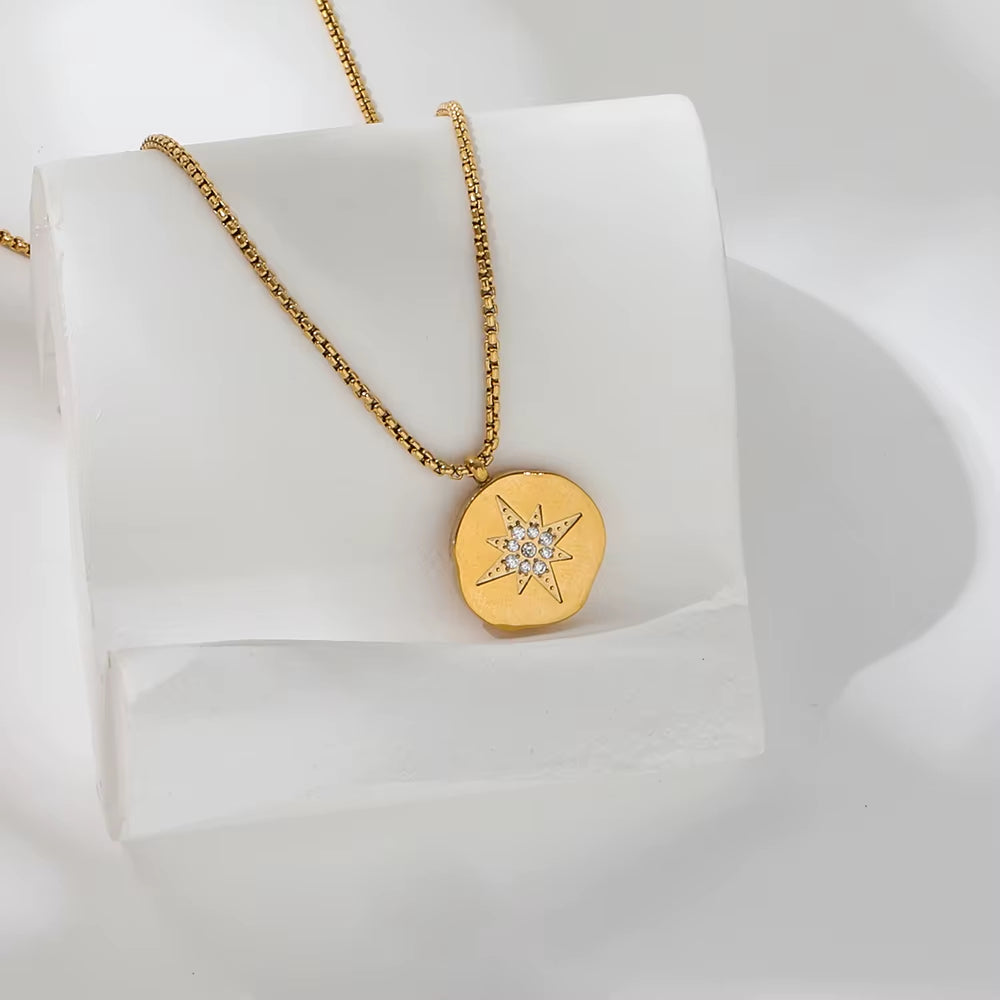 18K Gold Plated Starburst Stainless Steel Pendant Necklace Trendy Jewelry Dainty Pendant Necklace