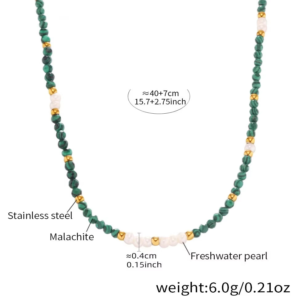 Joolim 18K Gold Plated Malachite Freshwater Pearl Mixed Chain Stainless Steel Necklace Jewelry Wholesale