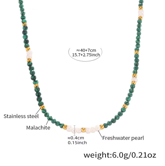 Joolim 18K Gold Plated Malachite Freshwater Pearl Mixed Chain Stainless Steel Necklace Jewelry Wholesale