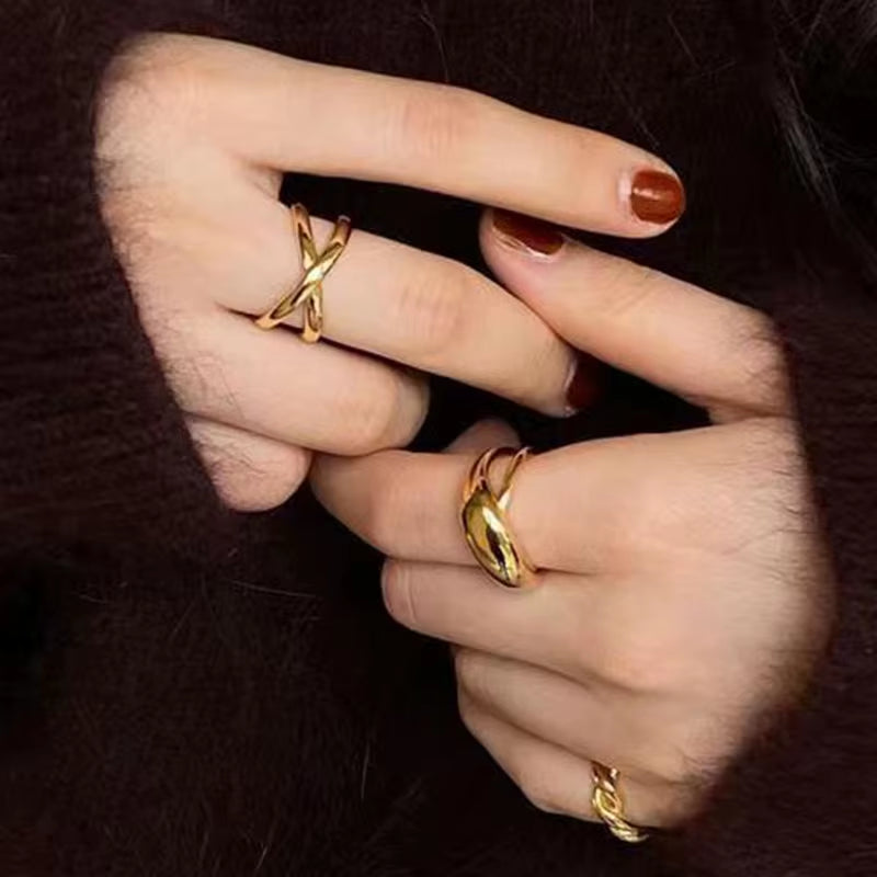 Joolim Jewelry 18K Gold Plated Waterproof Tarnish Free Stainless Steel Chunky Double-Layer Cross Dome Rings for Women