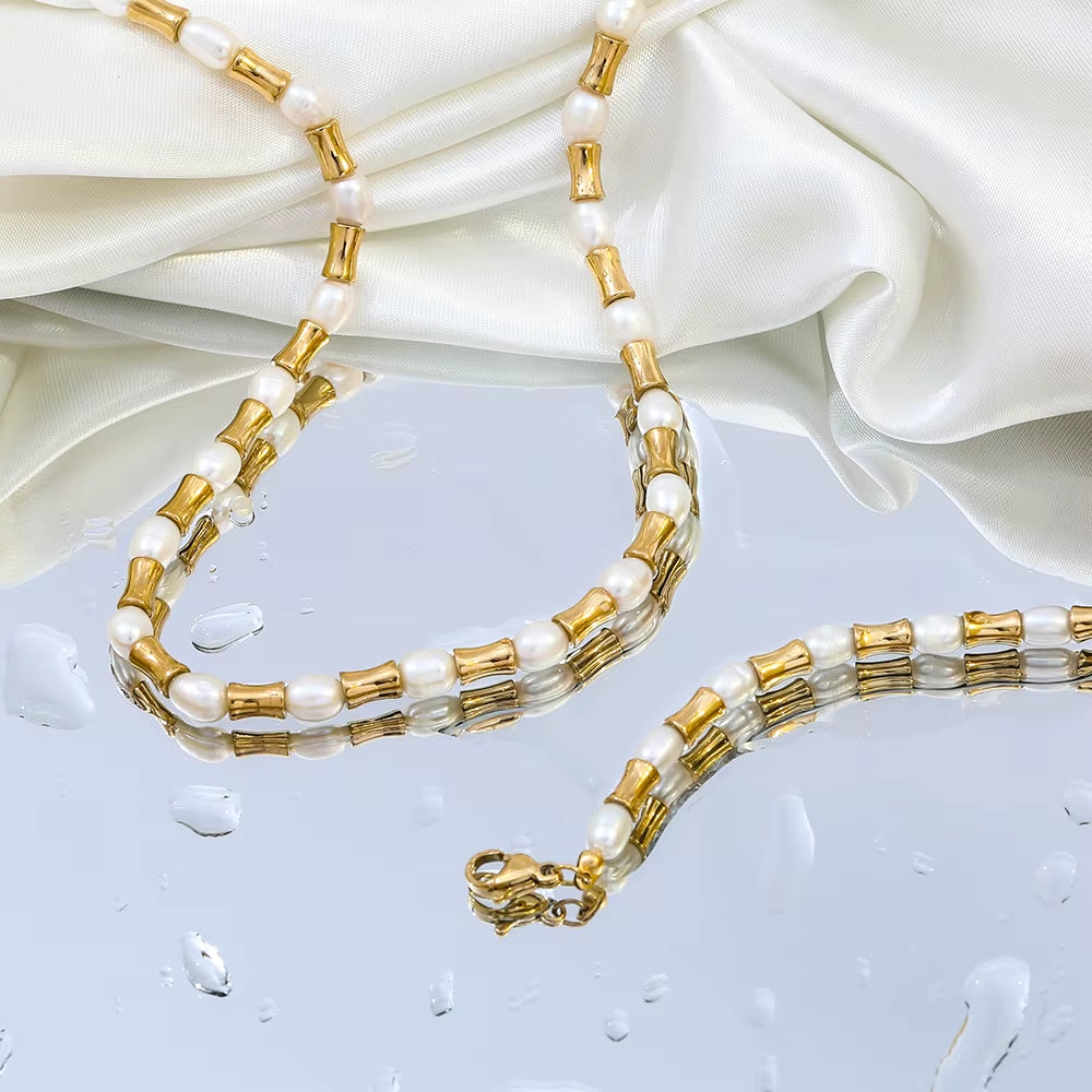 Joolim Jewelry 18K Gold Plated Freshwater Pearl Slim Waist Mixed Necklace Stainless Steel Jewelry Wholesale