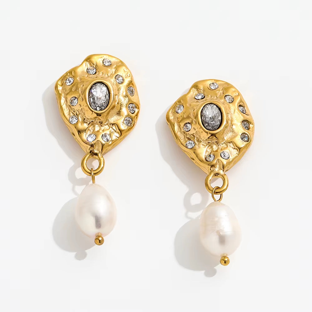 Trendy Earring 18K Gold Plated Zirconia Pave Fresh Water Pearl Pendant Stud Earring Stainless Steel Earrings Wholesale