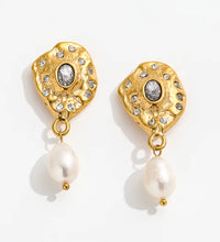 Trendy Earring 18K Gold Plated Zirconia Pave Fresh Water Pearl Pendant Stud Earring Stainless Steel Earrings Wholesale