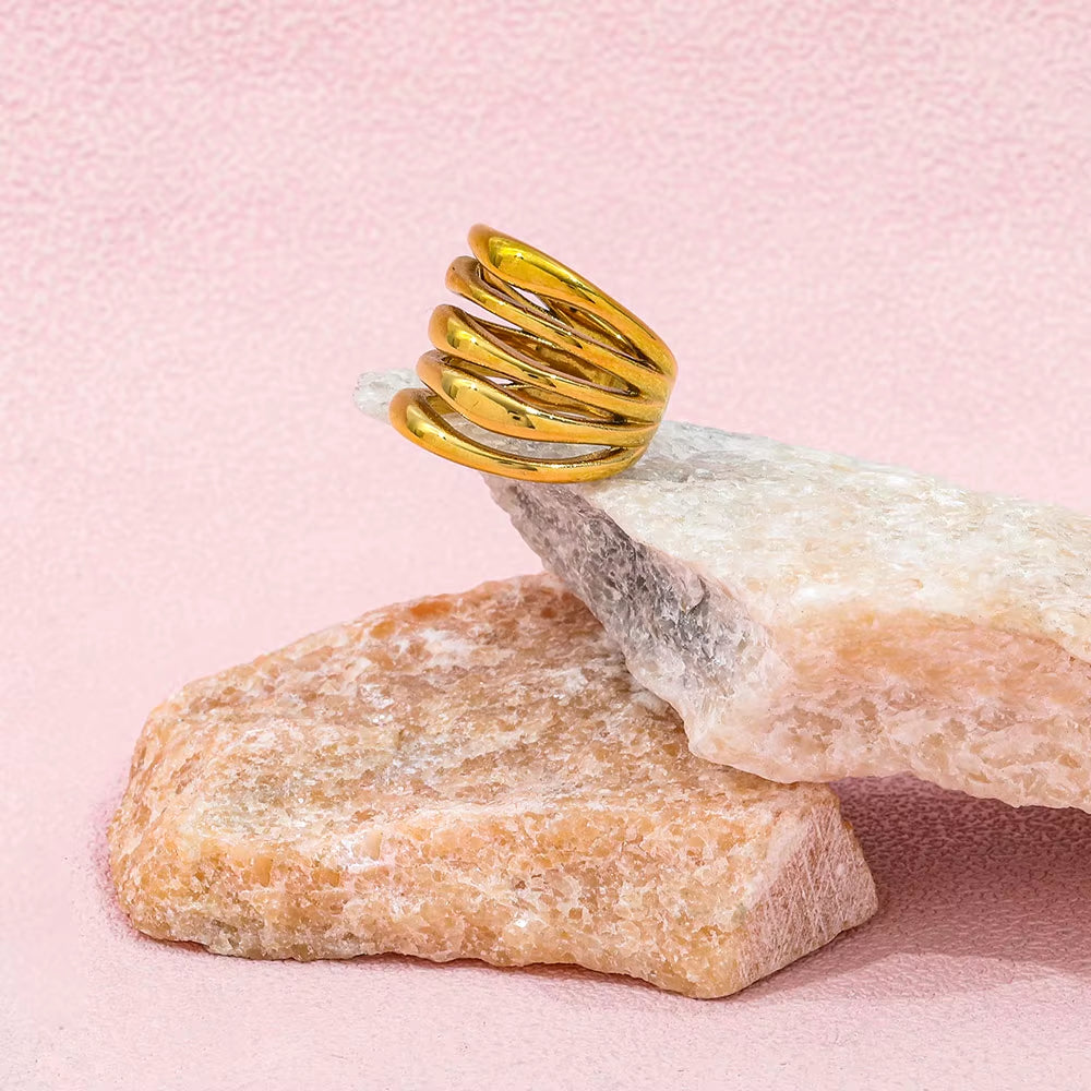 Tarnish Free High End 18K Gold Plated Hollow Multi-Layer Statement Band Ring for Women Stainless Steel Jewelry Gift Wholesale