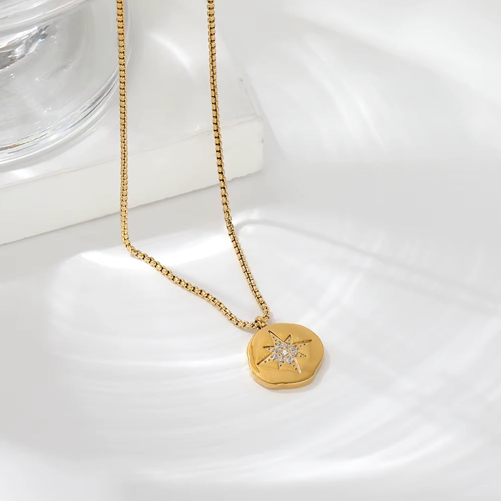 18K Gold Plated Starburst Stainless Steel Pendant Necklace Trendy Jewelry Dainty Pendant Necklace