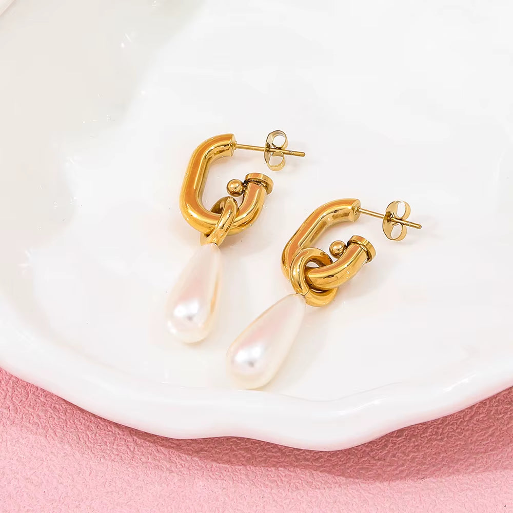 Joolim 18K Gold Plated Wholesale No Fade Elegant Detachable Teardrop round Pearl Hoop Earring Stainless Steel Jewelry