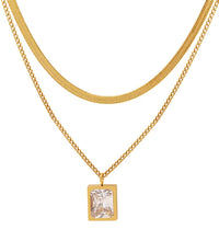 18K Gold Plated Double-Layer Herringbone Chain Square Zirconia Pendant Stainless Steel Choker Necklace Design Jewelry Wholesale