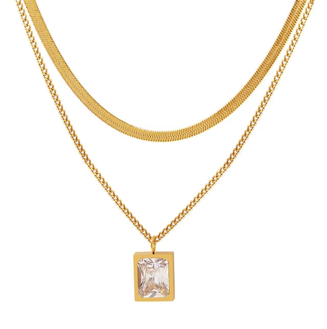 18K Gold Plated Double-Layer Herringbone Chain Square Zirconia Pendant Stainless Steel Choker Necklace Design Jewelry Wholesale