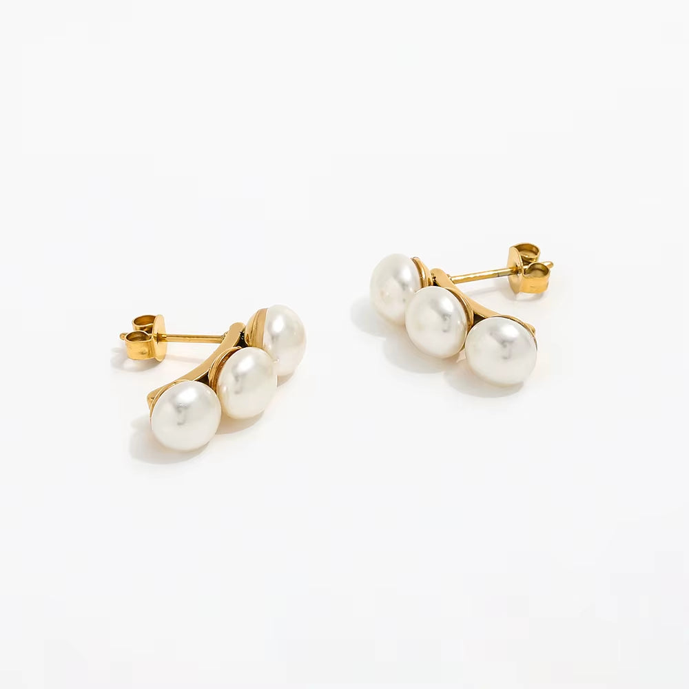 Trendy High Quality PVD 18K Gold Plated 3 Pearl Stud Earrings Stainless Steel Fashion Earring Wholesale