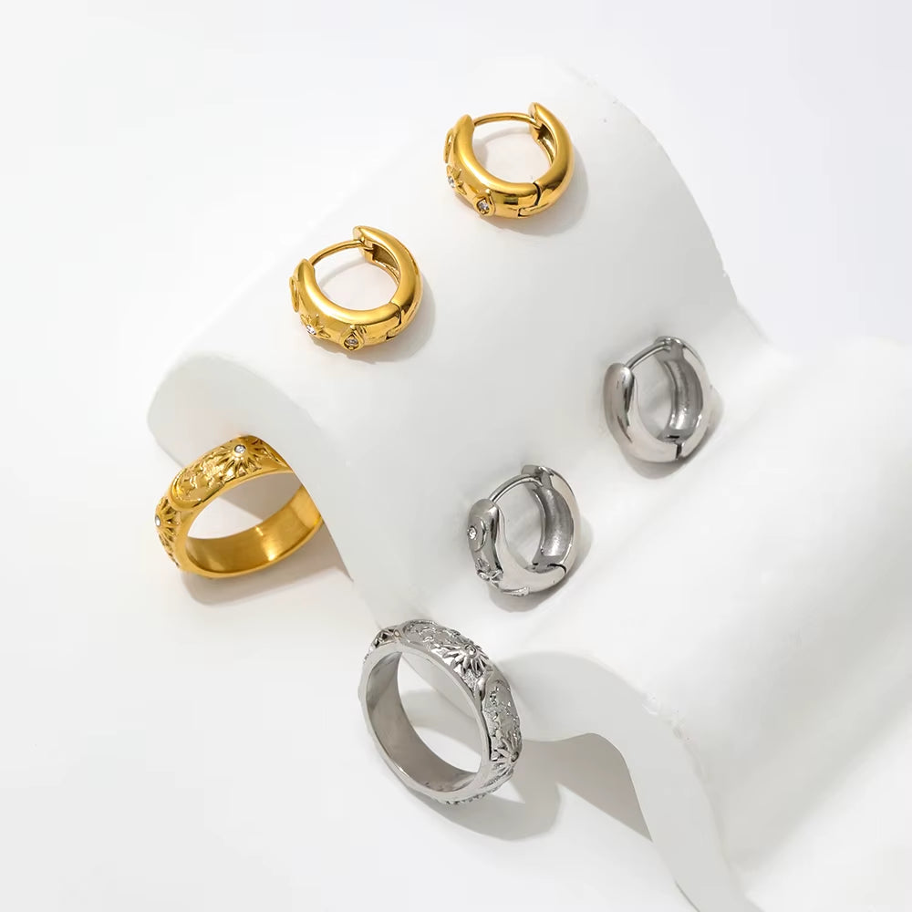 Joolim JLR0131 High-End 18K Gold Plated Cubic Zirconia Stainless Steel Rings Antique Vintage Retro Style Moon Star Trendy